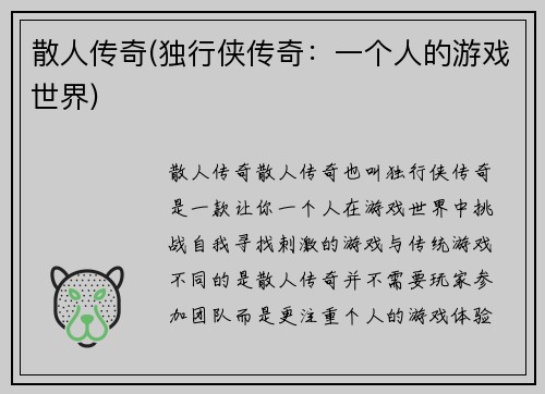 散人传奇(独行侠传奇：一个人的游戏世界)